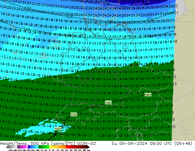 Yükseklik/Sıc. 500 hPa ICON-D2 Paz 09.06.2024 09 UTC