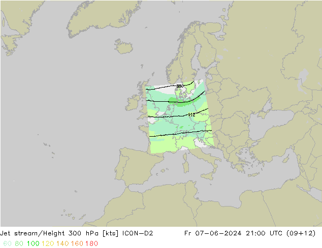 Jet stream/Height 300 hPa ICON-D2 Pá 07.06.2024 21 UTC