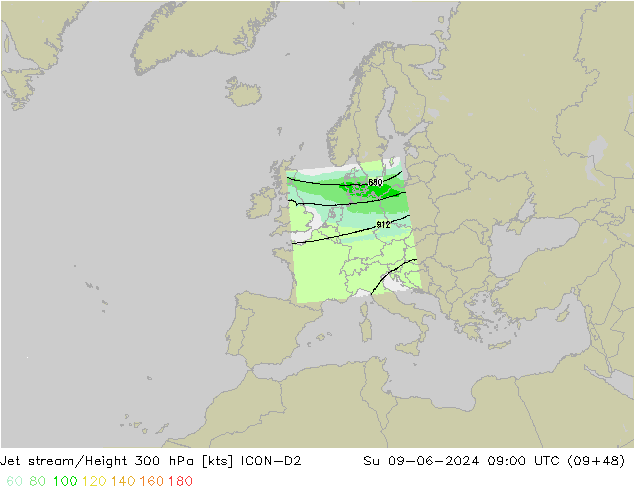 Jet stream/Height 300 hPa ICON-D2 Su 09.06.2024 09 UTC