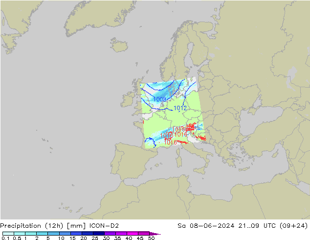 Nied. akkumuliert (12Std) ICON-D2 Sa 08.06.2024 09 UTC