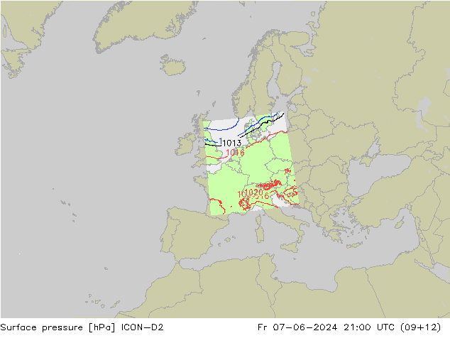 Atmosférický tlak ICON-D2 Pá 07.06.2024 21 UTC