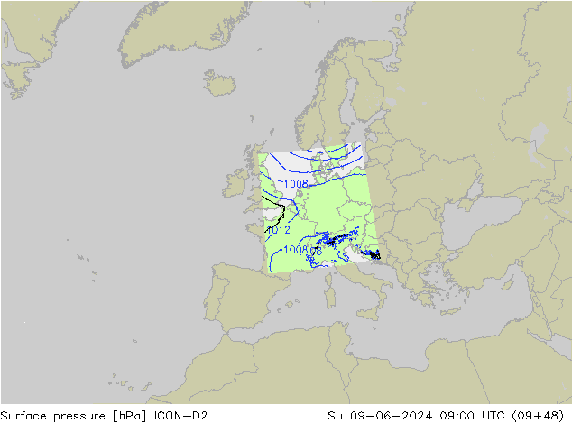 Luchtdruk (Grond) ICON-D2 zo 09.06.2024 09 UTC