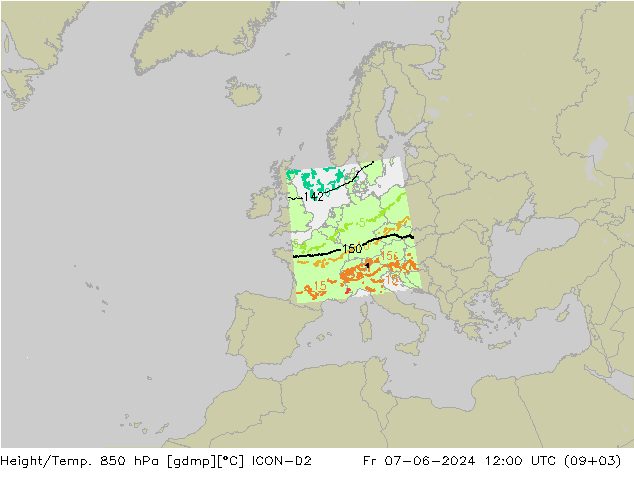 Geop./Temp. 850 hPa ICON-D2 vie 07.06.2024 12 UTC