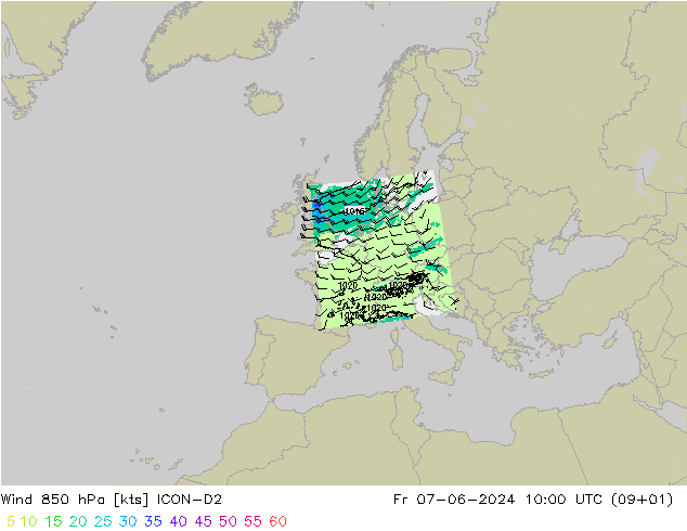 ветер 850 гПа ICON-D2 пт 07.06.2024 10 UTC