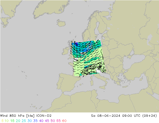 Wind 850 hPa ICON-D2 Sa 08.06.2024 09 UTC