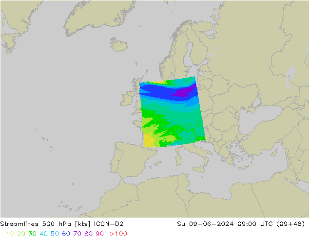 Stroomlijn 500 hPa ICON-D2 zo 09.06.2024 09 UTC