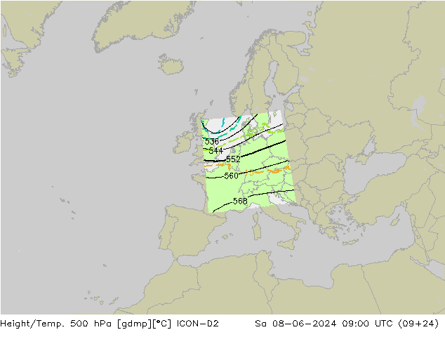 Height/Temp. 500 hPa ICON-D2 星期六 08.06.2024 09 UTC