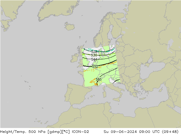 Height/Temp. 500 hPa ICON-D2 Su 09.06.2024 09 UTC