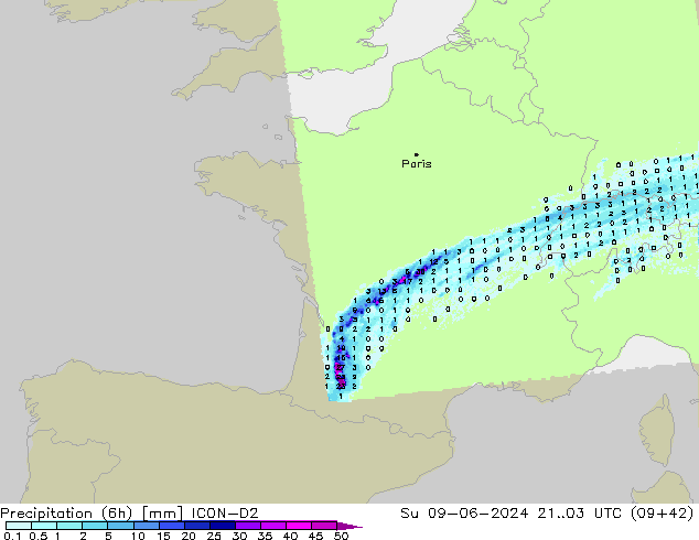 Precipitação (6h) ICON-D2 Dom 09.06.2024 03 UTC