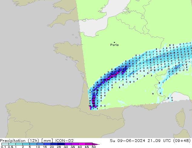 Precipitação (12h) ICON-D2 Dom 09.06.2024 09 UTC