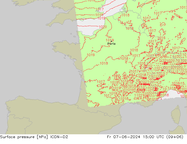 Surface pressure ICON-D2 Fr 07.06.2024 15 UTC