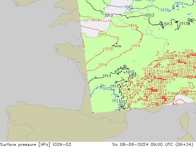 Surface pressure ICON-D2 Sa 08.06.2024 09 UTC