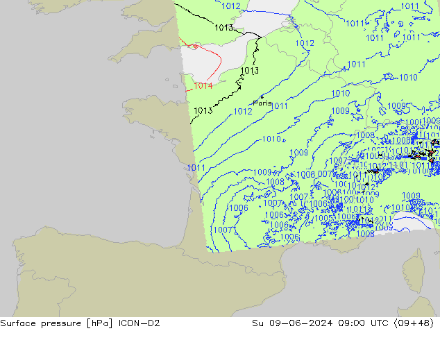 Surface pressure ICON-D2 Su 09.06.2024 09 UTC