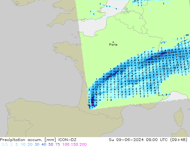 Precipitation accum. ICON-D2 Su 09.06.2024 09 UTC