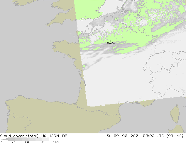 nuvens (total) ICON-D2 Dom 09.06.2024 03 UTC