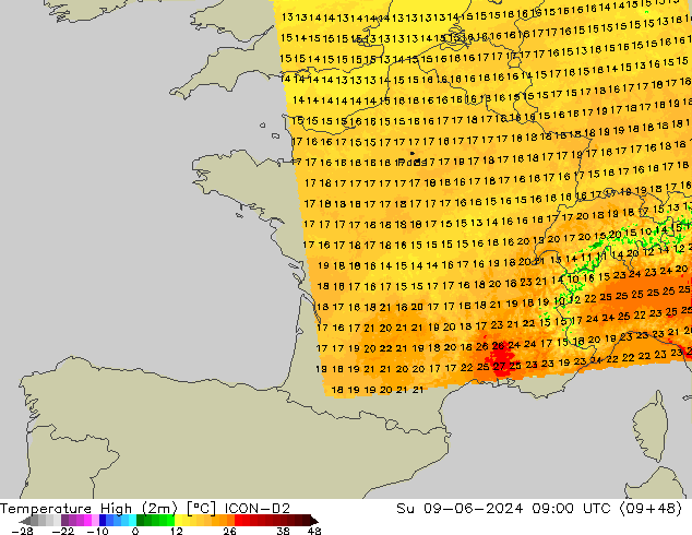 Temperature High (2m) ICON-D2 Su 09.06.2024 09 UTC