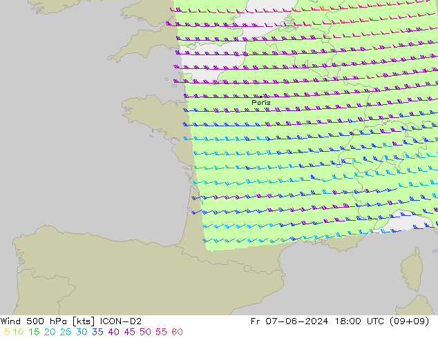 Wind 500 hPa ICON-D2 Fr 07.06.2024 18 UTC