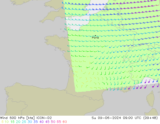 Rüzgar 500 hPa ICON-D2 Paz 09.06.2024 09 UTC