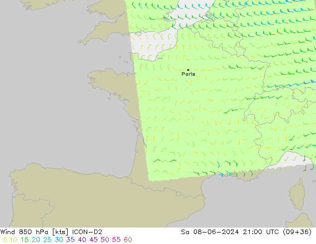 Wind 850 hPa ICON-D2 Sa 08.06.2024 21 UTC