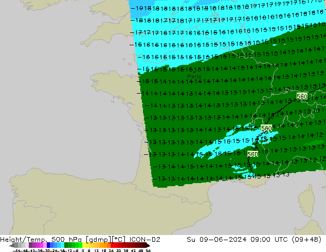 Height/Temp. 500 hPa ICON-D2 Dom 09.06.2024 09 UTC