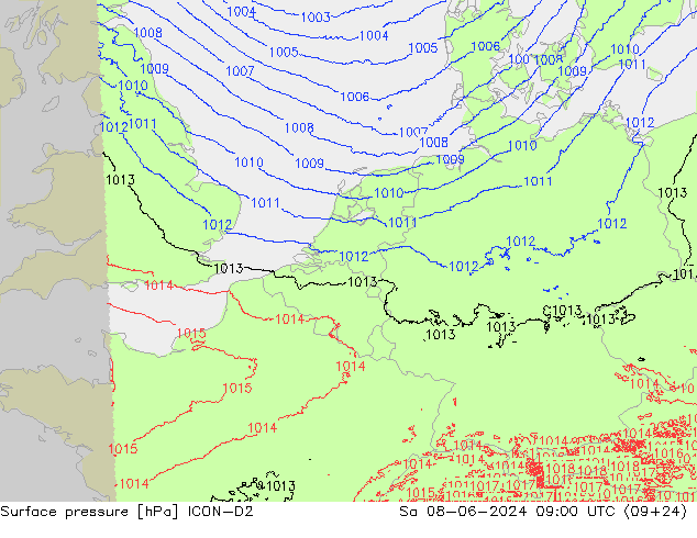 Surface pressure ICON-D2 Sa 08.06.2024 09 UTC