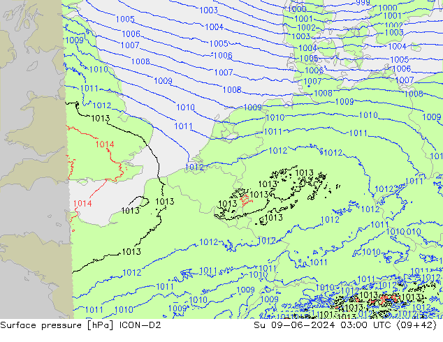 Atmosférický tlak ICON-D2 Ne 09.06.2024 03 UTC