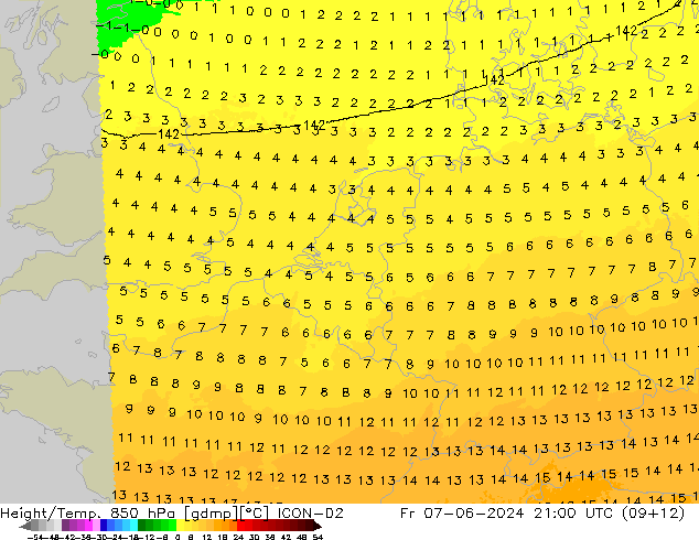 Height/Temp. 850 hPa ICON-D2 pt. 07.06.2024 21 UTC