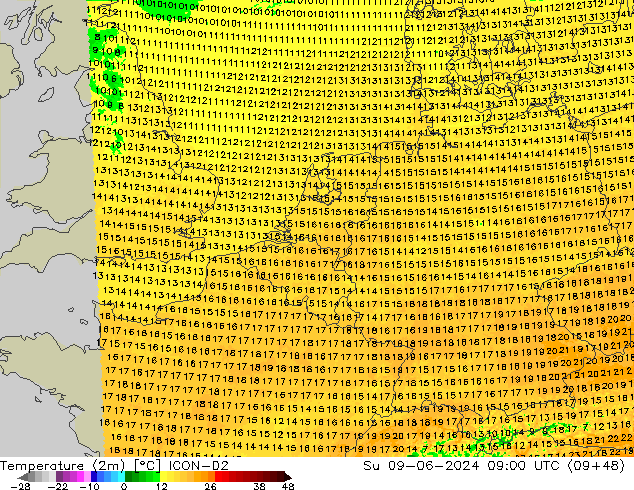 Temperatura (2m) ICON-D2 Dom 09.06.2024 09 UTC