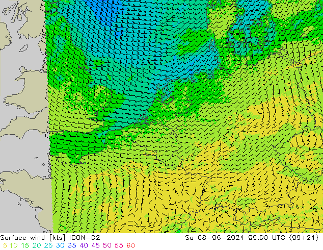 Vento 10 m ICON-D2 Sáb 08.06.2024 09 UTC