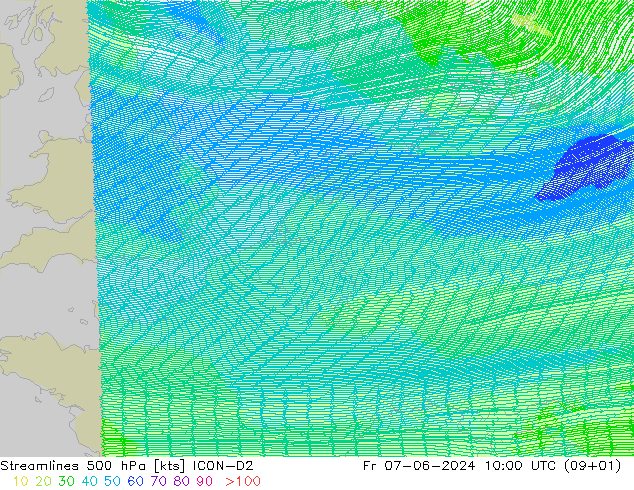 Linea di flusso 500 hPa ICON-D2 ven 07.06.2024 10 UTC