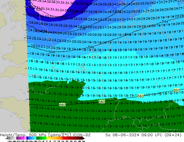 Height/Temp. 500 hPa ICON-D2 Sáb 08.06.2024 09 UTC