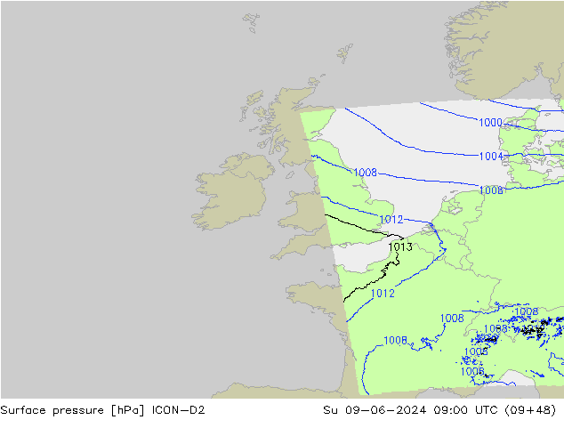 Presión superficial ICON-D2 dom 09.06.2024 09 UTC