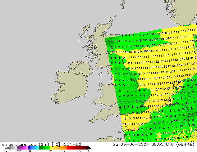 Min. Temperatura (2m) ICON-D2 nie. 09.06.2024 09 UTC