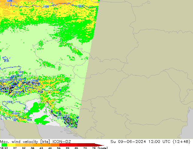 Max. wind velocity ICON-D2 dom 09.06.2024 12 UTC