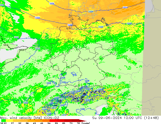 Max. wind snelheid ICON-D2 zo 09.06.2024 12 UTC