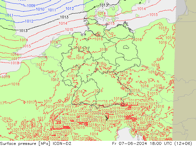 Atmosférický tlak ICON-D2 Pá 07.06.2024 18 UTC