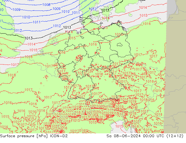 Atmosférický tlak ICON-D2 So 08.06.2024 00 UTC