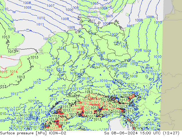 Atmosférický tlak ICON-D2 So 08.06.2024 15 UTC