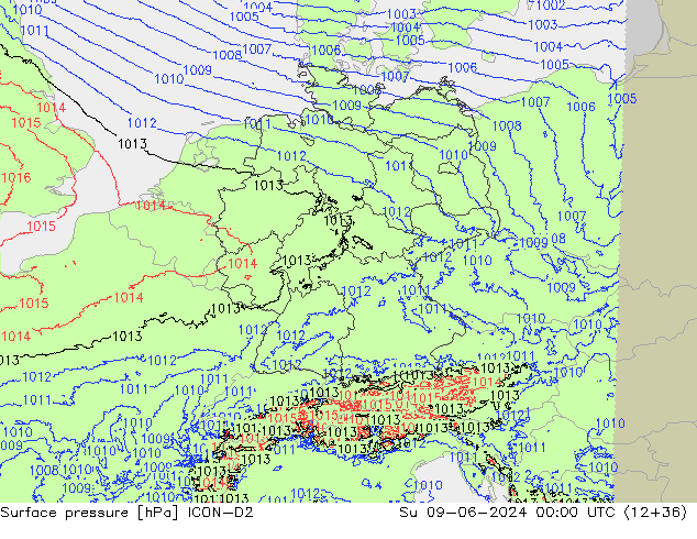 pressão do solo ICON-D2 Dom 09.06.2024 00 UTC