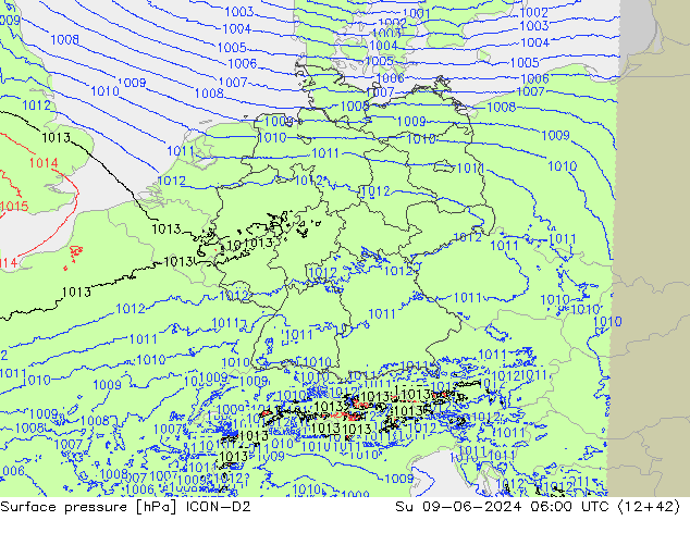 Pressione al suolo ICON-D2 dom 09.06.2024 06 UTC