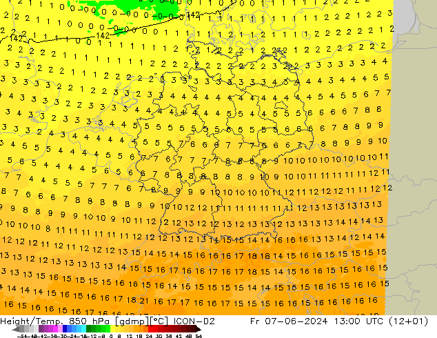 Hoogte/Temp. 850 hPa ICON-D2 vr 07.06.2024 13 UTC