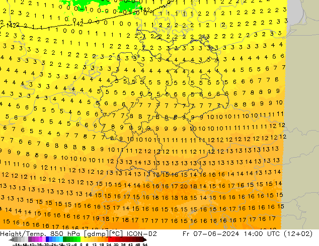 Height/Temp. 850 гПа ICON-D2 пт 07.06.2024 14 UTC