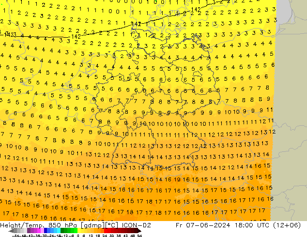 Geop./Temp. 850 hPa ICON-D2 vie 07.06.2024 18 UTC