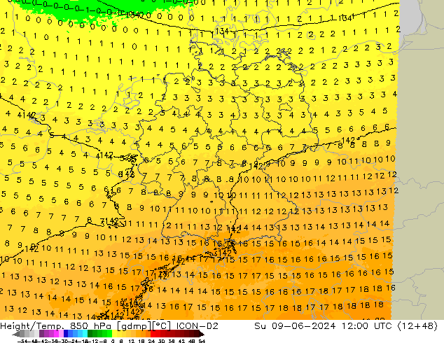 Géop./Temp. 850 hPa ICON-D2 dim 09.06.2024 12 UTC