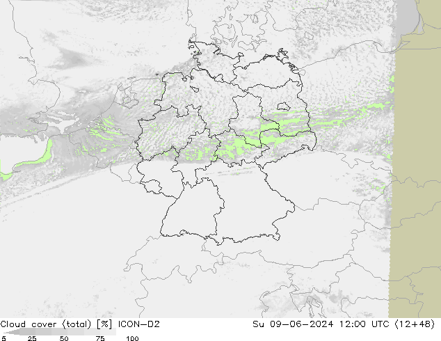 nuvens (total) ICON-D2 Dom 09.06.2024 12 UTC