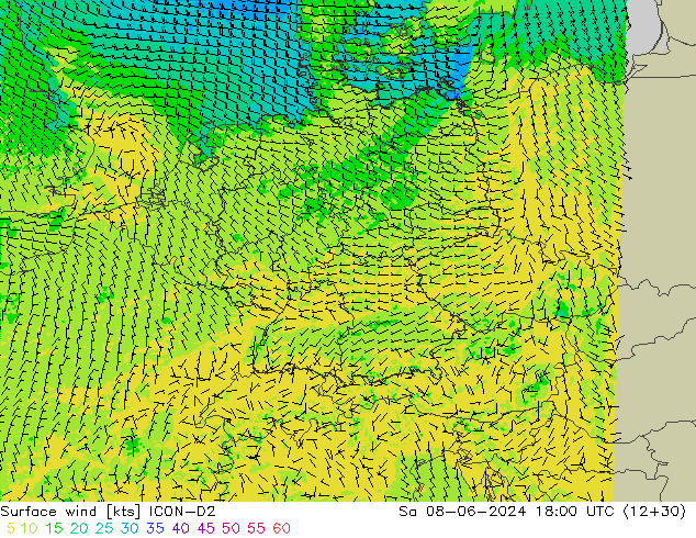 Surface wind ICON-D2 Sa 08.06.2024 18 UTC