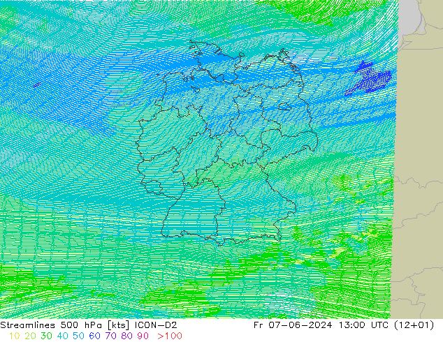 Streamlines 500 hPa ICON-D2 Pá 07.06.2024 13 UTC