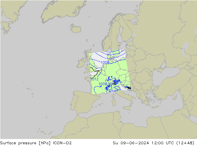 Pressione al suolo ICON-D2 dom 09.06.2024 12 UTC