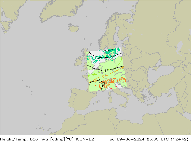 Height/Temp. 850 hPa ICON-D2 Su 09.06.2024 06 UTC