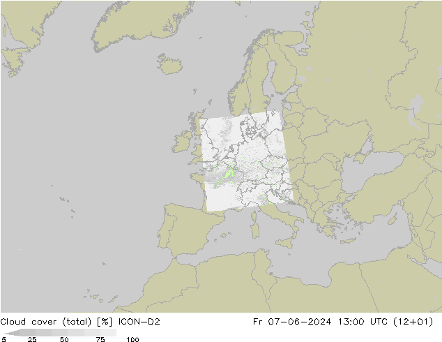 Cloud cover (total) ICON-D2 Pá 07.06.2024 13 UTC